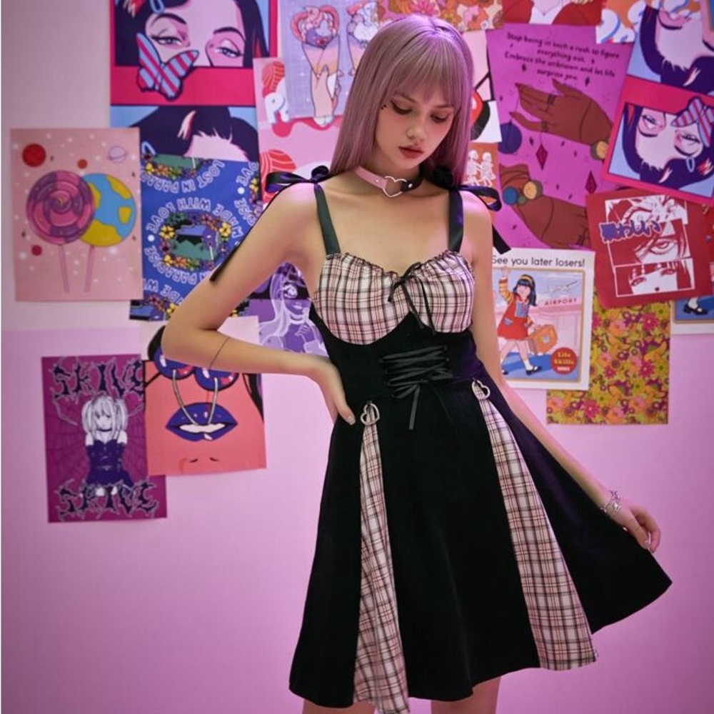 Romwe Kawaii Contrast Plaid Tie Shoulder Cami Dress Sz Small